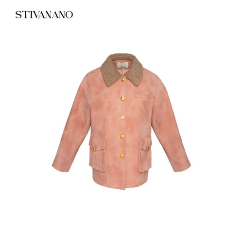 Stivanano粉色麂皮拼接毛领夹棉夹克