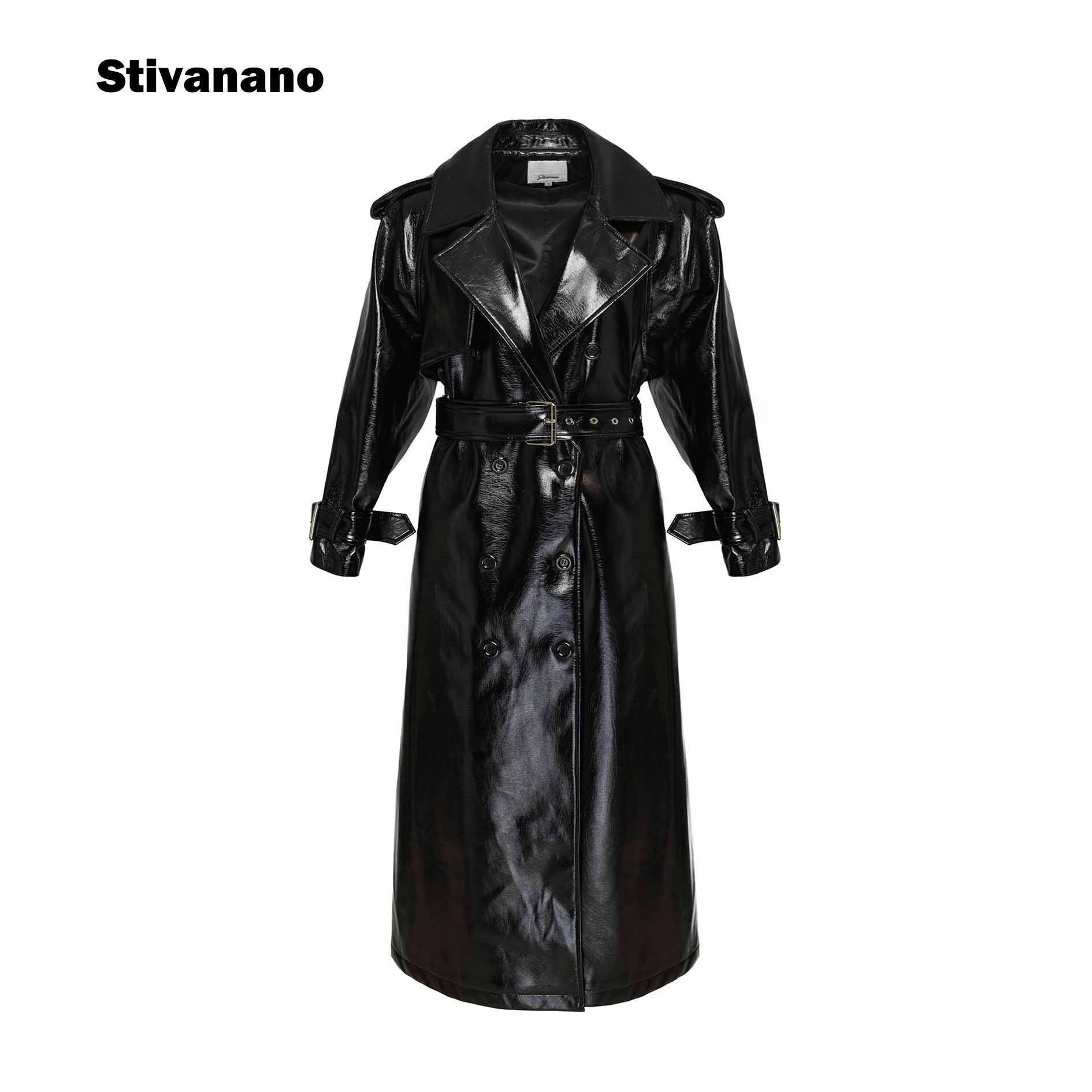 Stivanano黑色漆皮腰带风衣