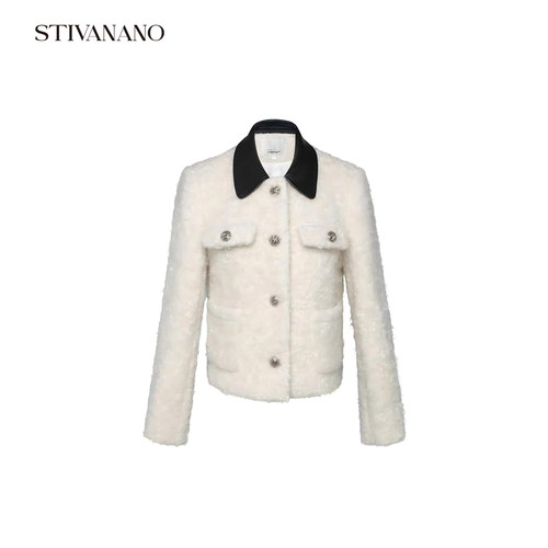 Stivanano皮革领圈圈马海毛外套