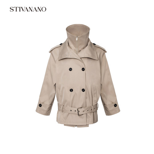 Stivanano卡其灰高领双排扣插肩袖风衣