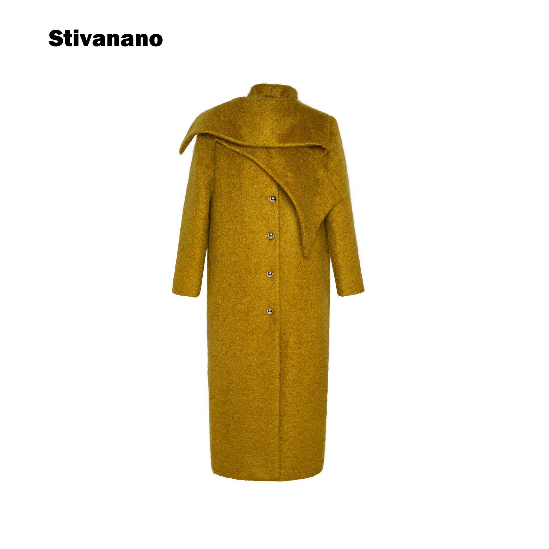 Stivanano马海毛金属扣领巾直筒大衣