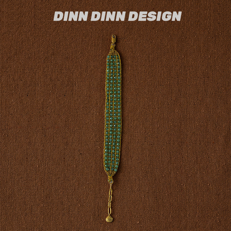 DINN DINN DESIGN度假系列绿色锆石珠珠纯手工编织宽版手链手饰