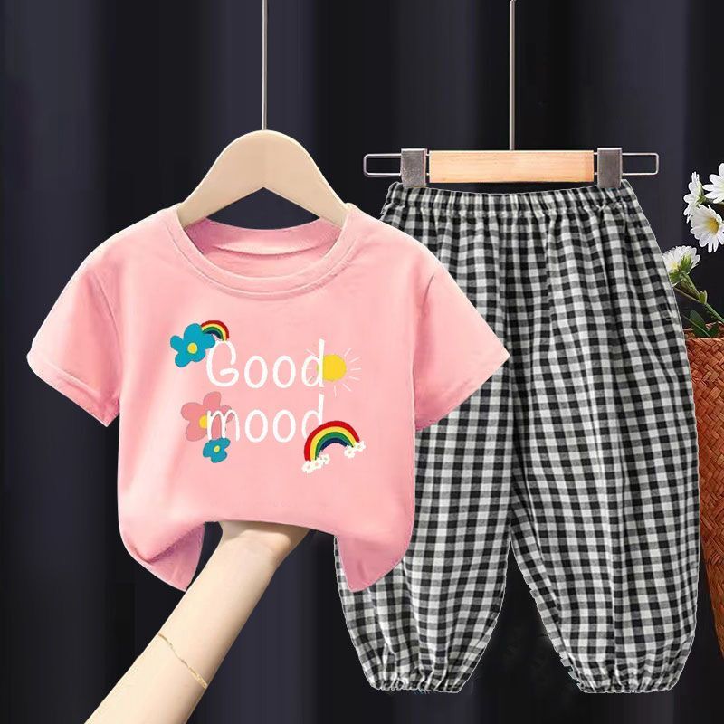 2023新款儿童夏季套装100%纯棉短袖t恤女童潮衣两件套装防蚊长裤