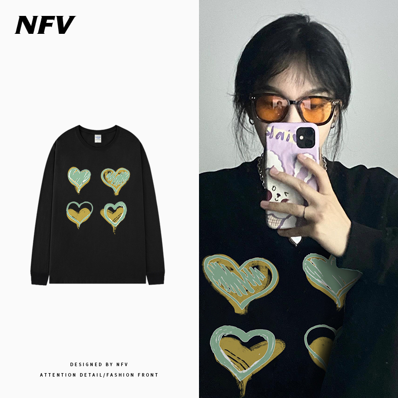 早秋季纯棉长袖T恤女小众油画爱心设计感印花学生宽松慵懒风上衣