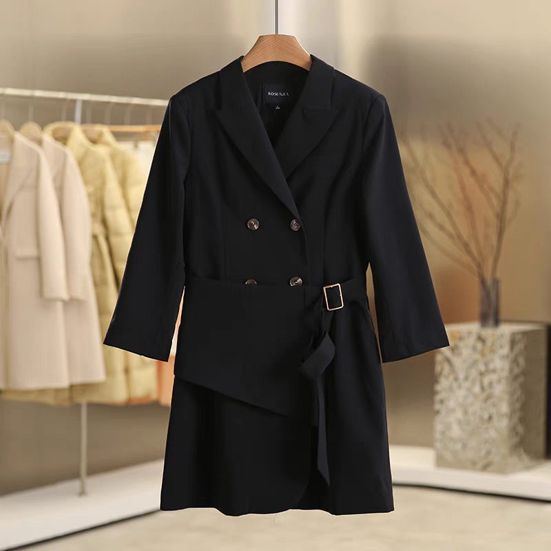 【朗斯莉】西湖阁老南春装 不规则下摆系腰带双排扣风衣外套l黑色