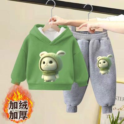 男女童加绒卫衣套装秋冬2025新款儿童冬季洋气宝宝加厚连帽两件套