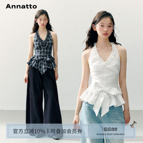 ANNATTO格纹蝴蝶结挂脖收腰上衣