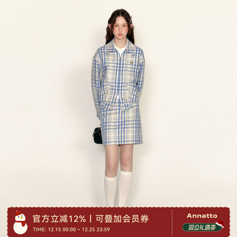ANNATTO 2025春季新款高级格子时尚套装夹克外套+短款裙子两件套