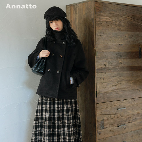 ANNATTO【10/20 20:00】复古羊毛混纺双排扣插肩袖毛呢外套短款