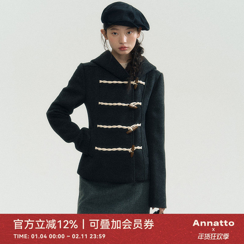 ANNATTO 佛罗伦萨 冬季灰羊毛连帽短款夹棉保暖牛角扣毛呢外套女,女装/女士精品,短外套,淘宝优惠券,粉丝福利购,淘宝优惠卷