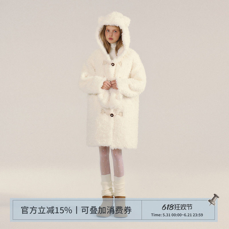 ANNATTO奶油小熊 白色毛茸茸大衣连帽毛毛外套冬仿皮毛一体羊羔毛