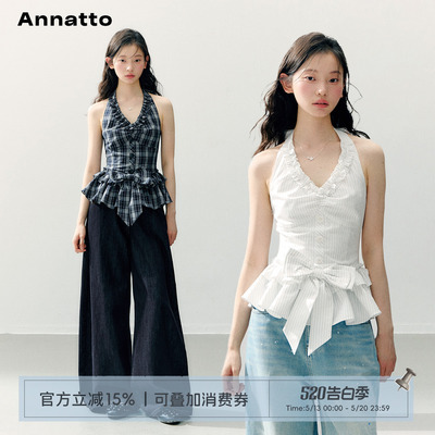 ANNATTO格纹蝴蝶结挂脖收腰上衣