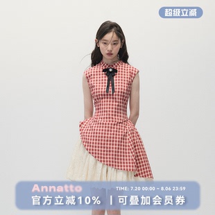 红色格纹收腰显瘦小立领连衣裙女 ANNATTO 草莓奶油派 夏季 新中式