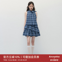 ANNATTO 不眠海 夏季蓝色格纹宽松显瘦无袖荷叶边蛋糕连衣裙女