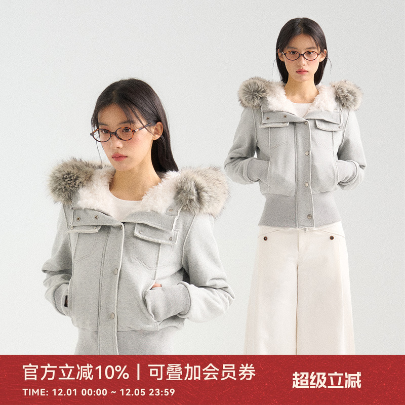 ANNATTO 2024冬季新款保暖灰色连帽毛领卫衣显瘦毛毛外套女