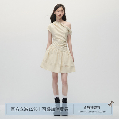 ANNATTO收腰显瘦斜肩a字连衣裙女