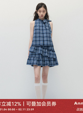 ANNATTO 不眠海 夏季蓝色格纹宽松显瘦无袖荷叶边蛋糕连衣裙女