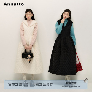 ANNATTO 冬季新款V领黑白长款保暖夹棉棉服连衣裙外套女