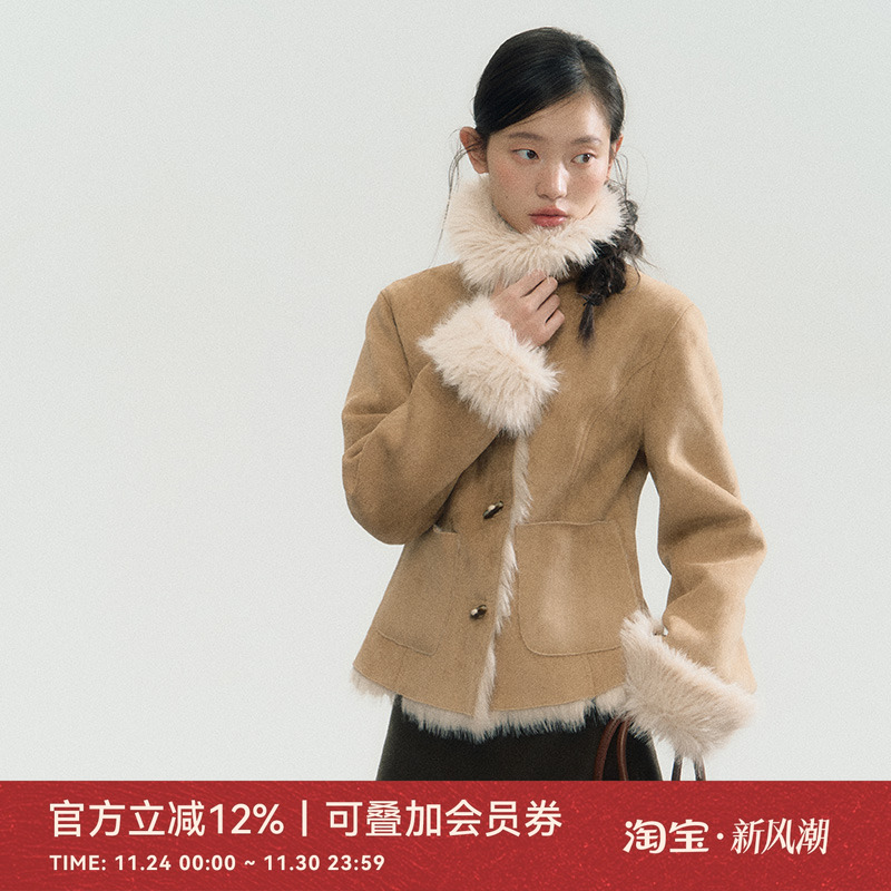 ANNATTO 悉尼往事 原创设计冬季新款卡其色皮毛一体保暖厚外套女