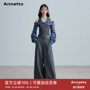 秋季 套装 一字肩格纹拼接挂脖修身 背心阔腿休闲裤 显瘦长袖 ANNATTO