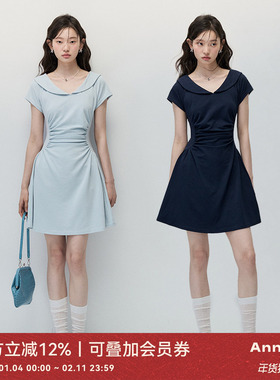ANNATTO 风吟自由 夏季藏青色圆领皱褶收腰显瘦a字休闲连衣裙女