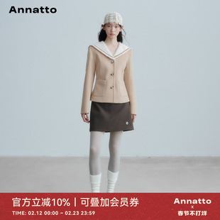 ANNATTO 秋冬季新款学院风卡其色海军领收腰显瘦短款羊毛外套女