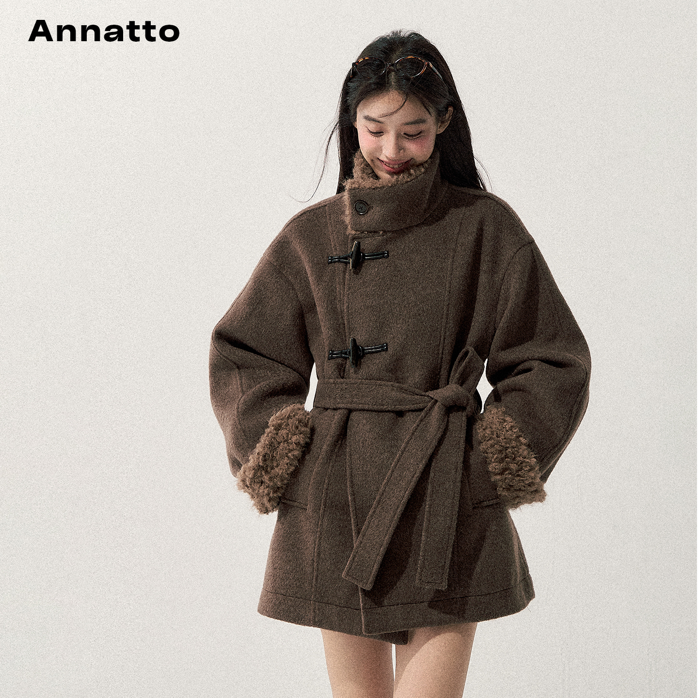 ANNATTO冬季含羊毛棕色大衣外套