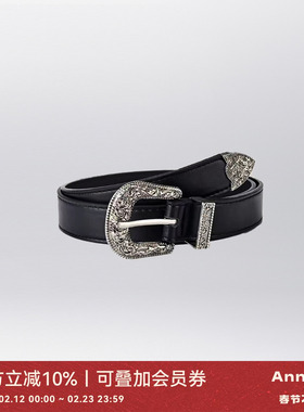 ANNATTO复古金属做旧浮雕皮带 时髦个性百搭腰带黑色