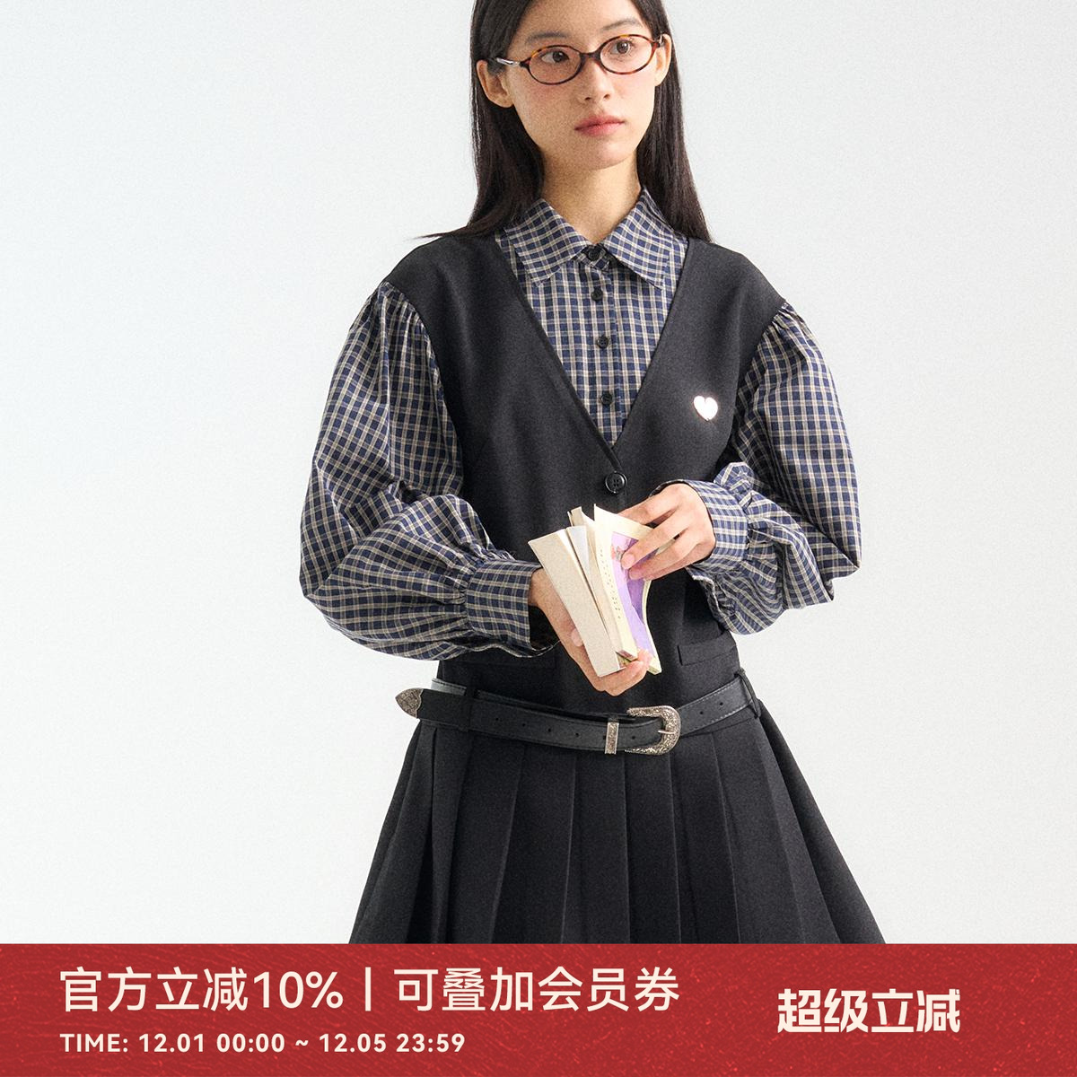 ANNATTO假两件格纹衬衫连衣裙