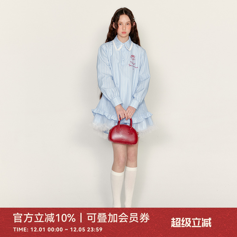 ANNATTO 蓝色条纹衬衫裙蕾丝花边娃娃裙早秋新款长袖连衣裙