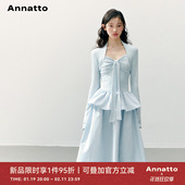 蓝色蝴蝶结抹胸高腰修身 ANNATTO 雾海摇光 显瘦莫代尔连衣裙女