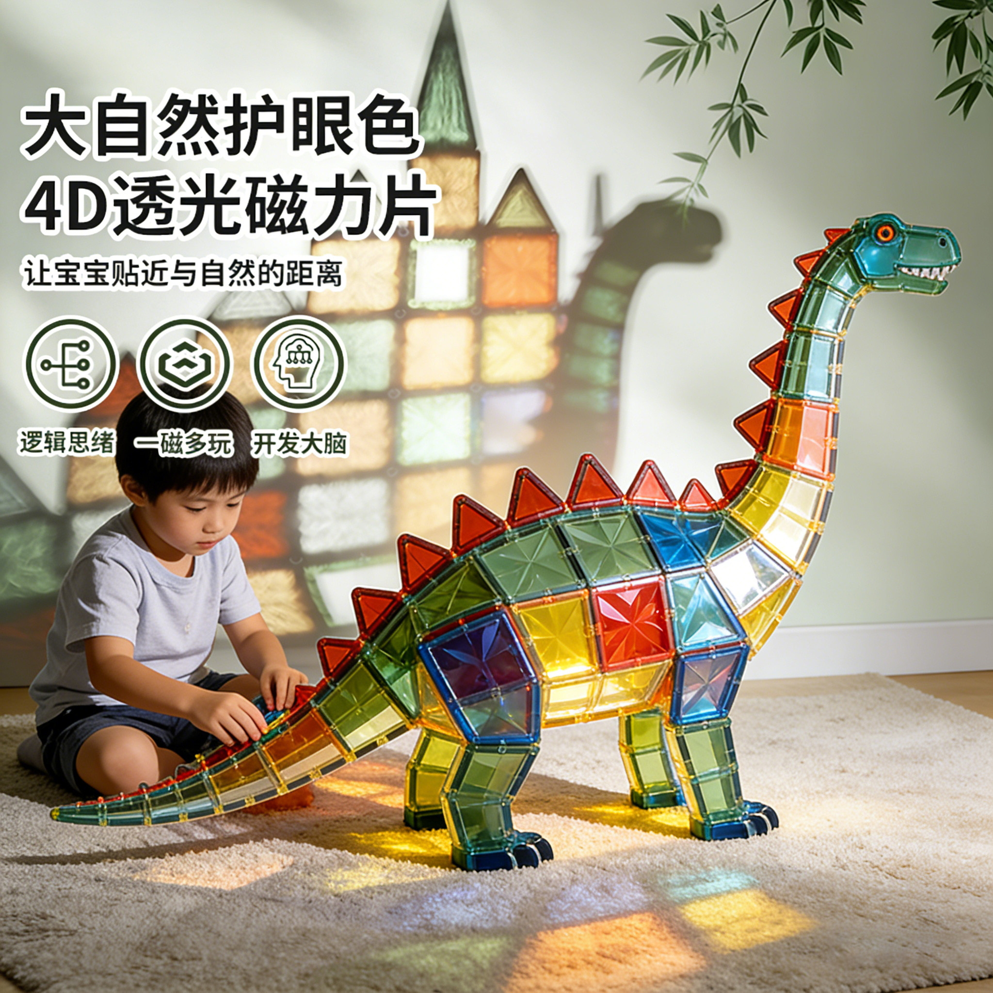 磁力片儿童益智玩具启蒙拼图男女孩彩窗拼装塑料磁吸积木小车磁铁