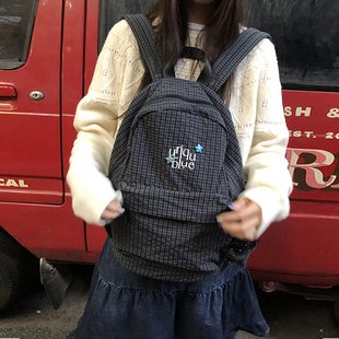 Unique 大容量双肩包学生韩系书包日系背包 blue原创格子海星版