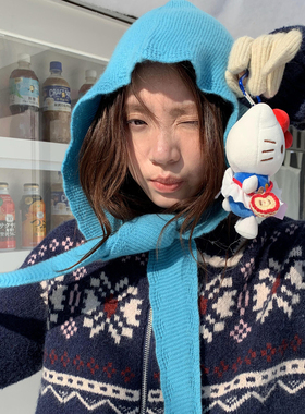 Unique blue全羊毛韩版连帽披肩针织帽小众秋冬女护耳保暖围脖