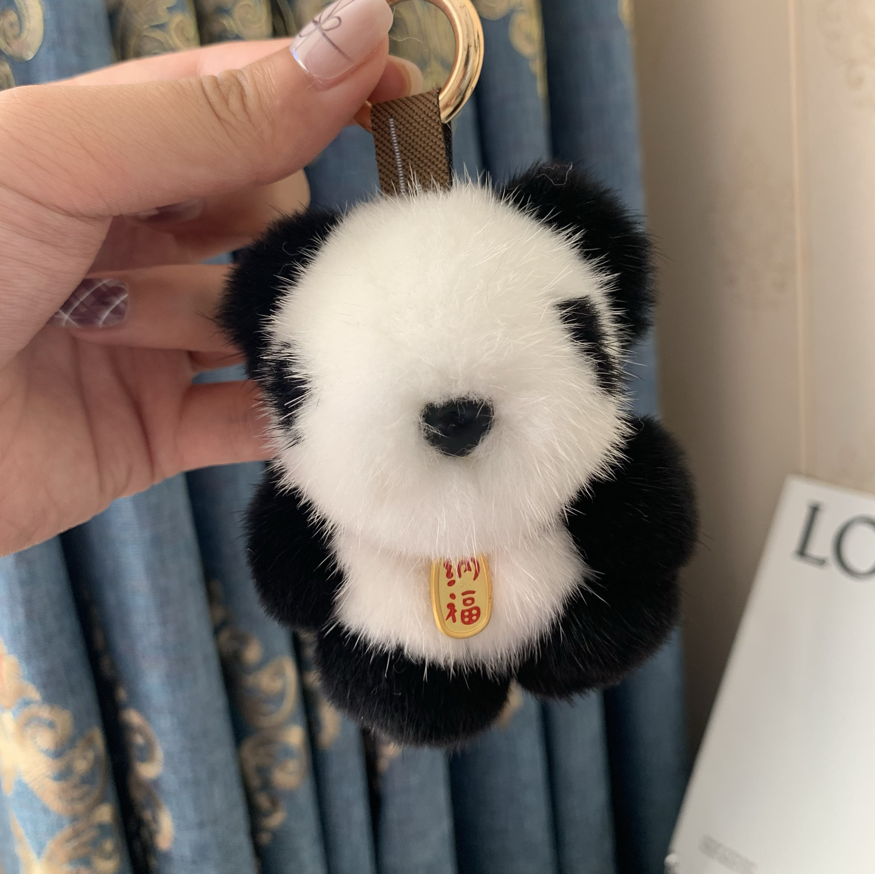 纳福可爱小熊猫真水貂毛汽车钥匙扣挂件毛绒公仔玩偶包包挂饰