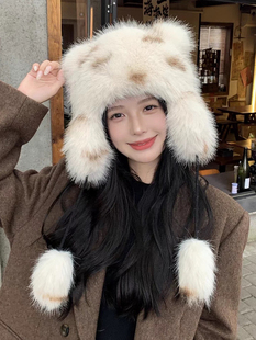 可爱仿狐狸毛毛浣熊帽女秋冬新款加厚保暖护耳毛绒帽子韩版百搭
