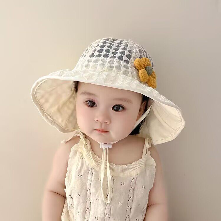 女宝宝遮阳帽子夏季薄款甜美花朵婴儿防晒帽大帽檐可爱女童太阳帽