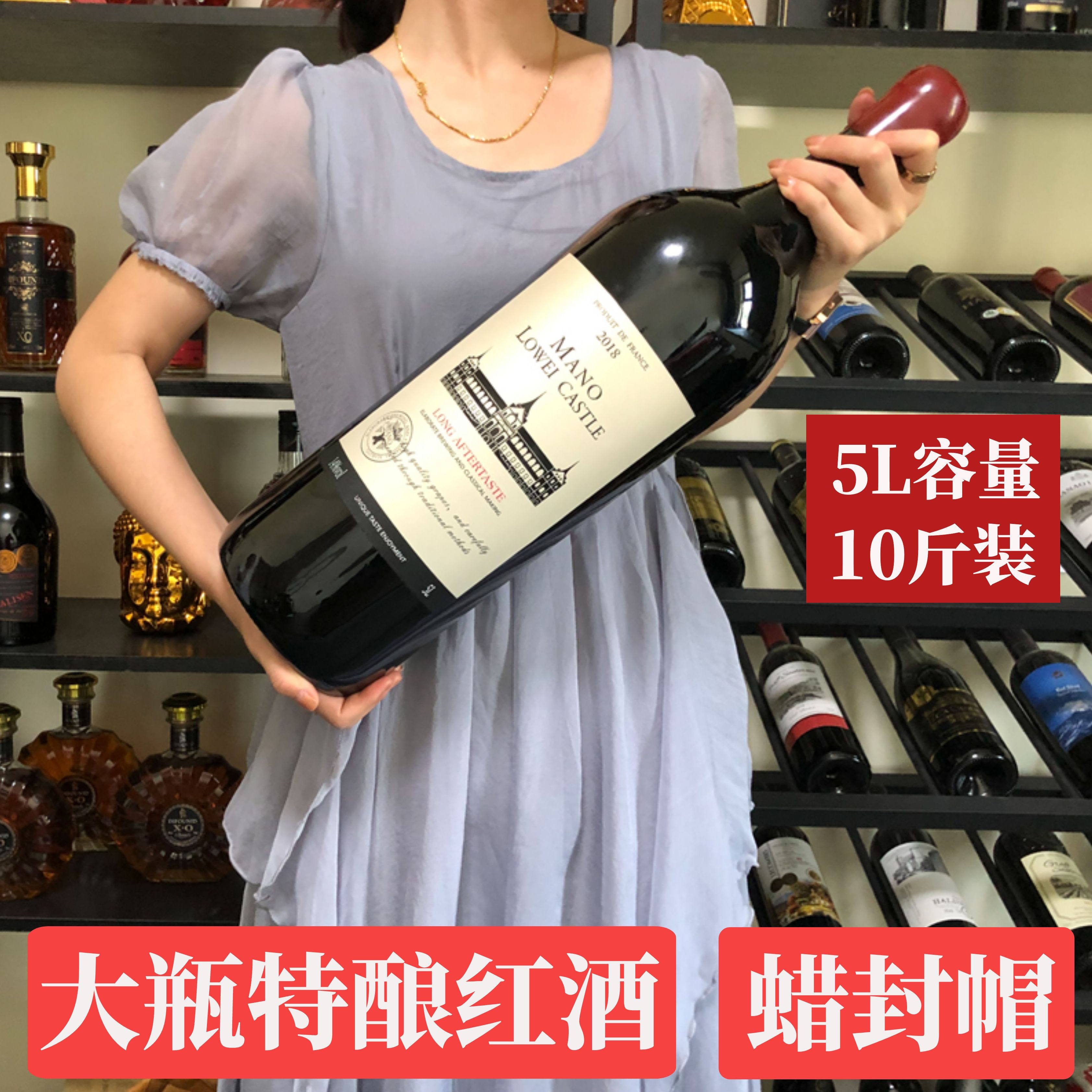 5L大瓶装红酒蜡封帽法国进口赤霞珠干红葡萄酒单支5000ml十斤装