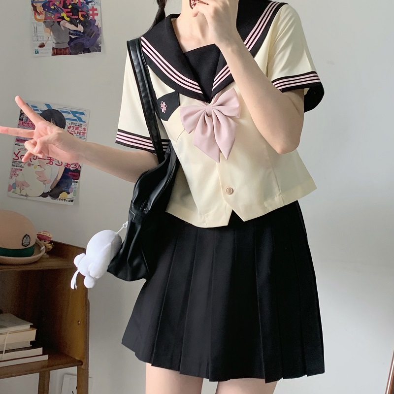 山茶与书原创奶黄jk制服水手服山茶女子收腰款学院风夏季短袖套装 女装/女士精品 学生校服 原图主图