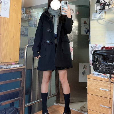 JK校供感牛角扣大衣女秋冬日系厚黑美学院风小个子夹棉外套加厚款