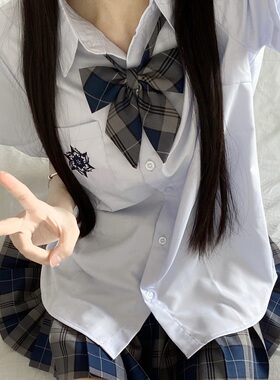 山茶与书原创jk制服蓝色短袖刺绣衬衫宽松学院风长袖白色上衣女夏