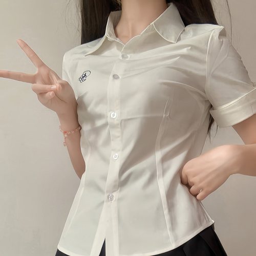 山茶与书原创jk学院风刺绣衬衫夏季修身显瘦收腰百搭白蓝短袖上衣