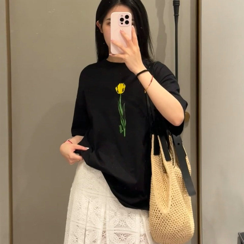 单恋一枝花黑色T恤女短袖上衣棉