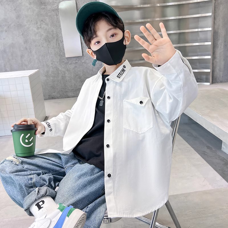 男童长袖衬衫春秋薄款2023新款潮童儿童白衬衣帅气男大童秋装上衣