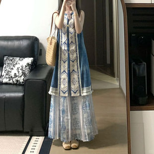 知心衣春夏季新款民族风对襟长比甲通勤半身裙休闲显瘦两件套套装