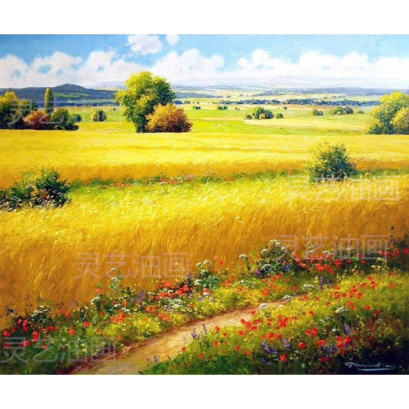 纯手绘麦田田园风景丰收油画客厅卧室装饰画玄关壁画有框横竖画