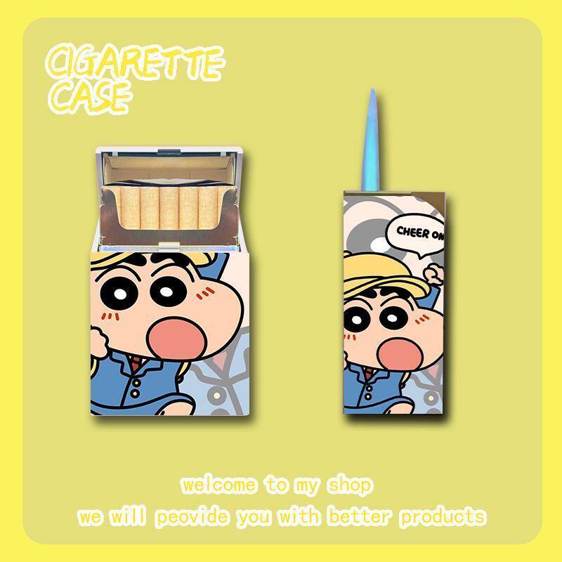 可爱卡通蜡笔小新烟盒组合蓝焰直冲防风打火机高颜值网红送男友潮