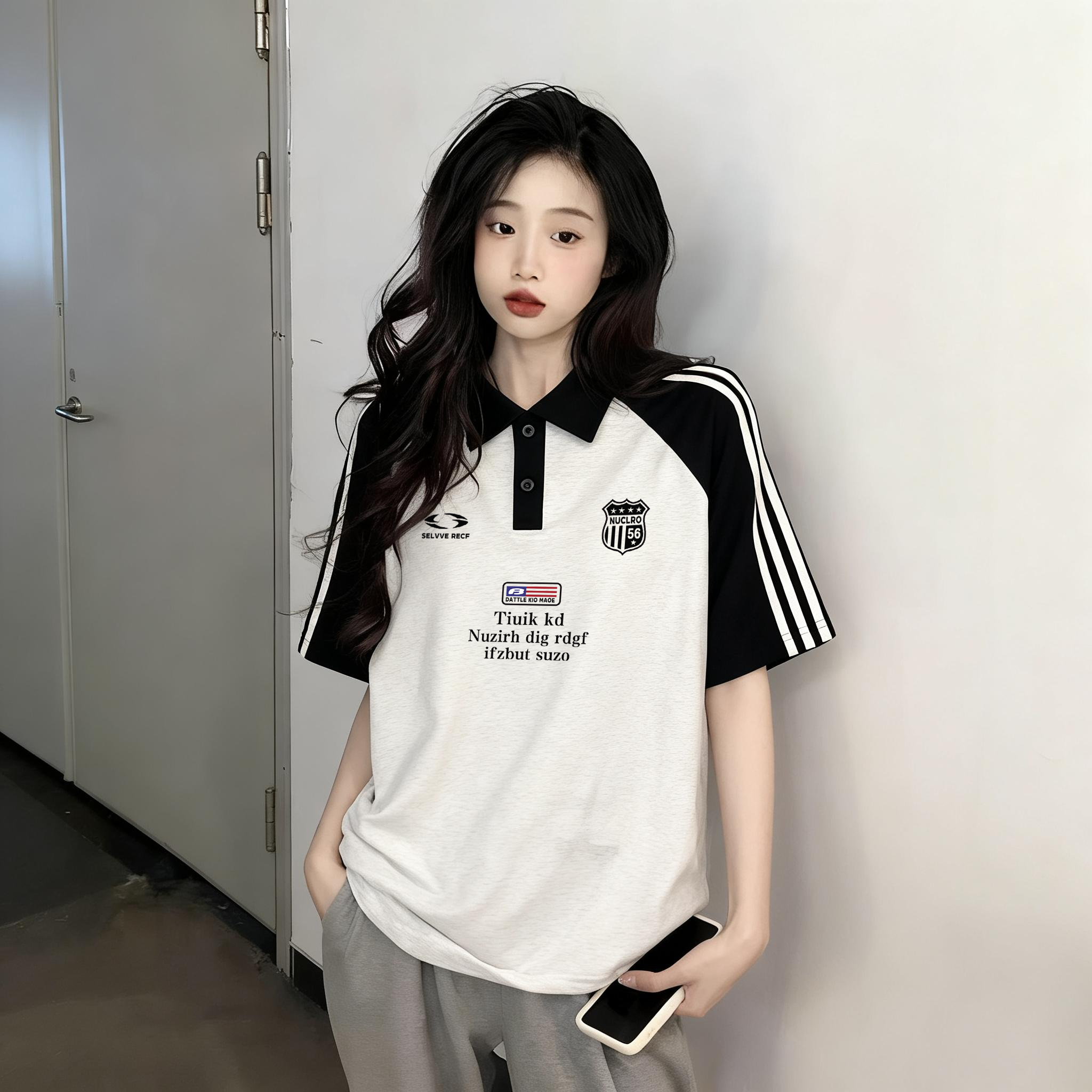 美式高级感三条杠白灰短袖T恤女夏季流行小众纯棉插肩学生POLO衫