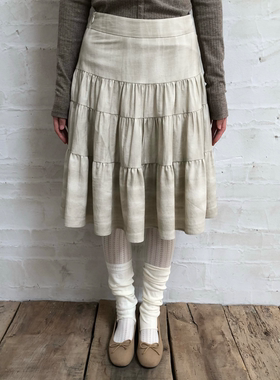 dorydory 荷叶边中长款蛋糕裙2026春新款复古浅米绿半身裙女