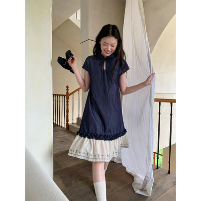 dorydory新中式刺绣拼接连衣裙女夏超好看独特漂亮设计感蓝色裙子